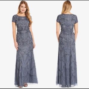 NEW Adrianna Papell Dusty Blue Beaded Blouson Short Sleeve Gown 14